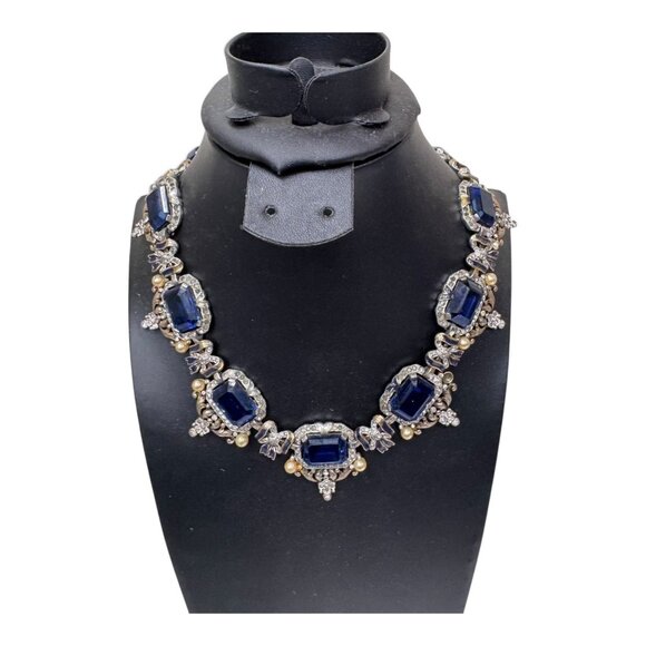 VTG Signed Crown Trifari Alfred Philippe Sapphire Glass Rhinestone Necklace READ - Picture 2 of 16